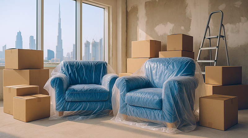 Furniture stored in a warehouse for rent during home renovation in storage dubai.